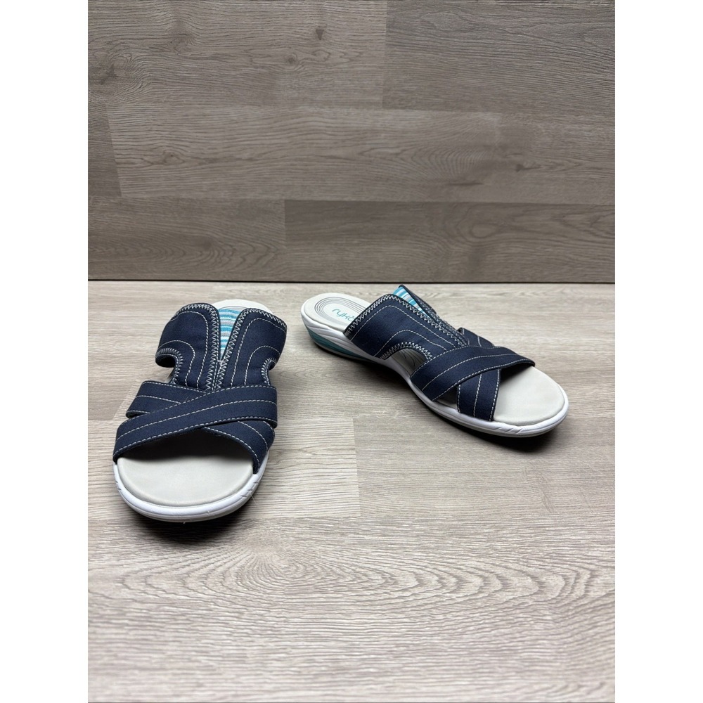 Rykä Diva Slide Sandals Navy Blue Fabric Criss-Cross Strap‎ Design Wmn 10 NICE